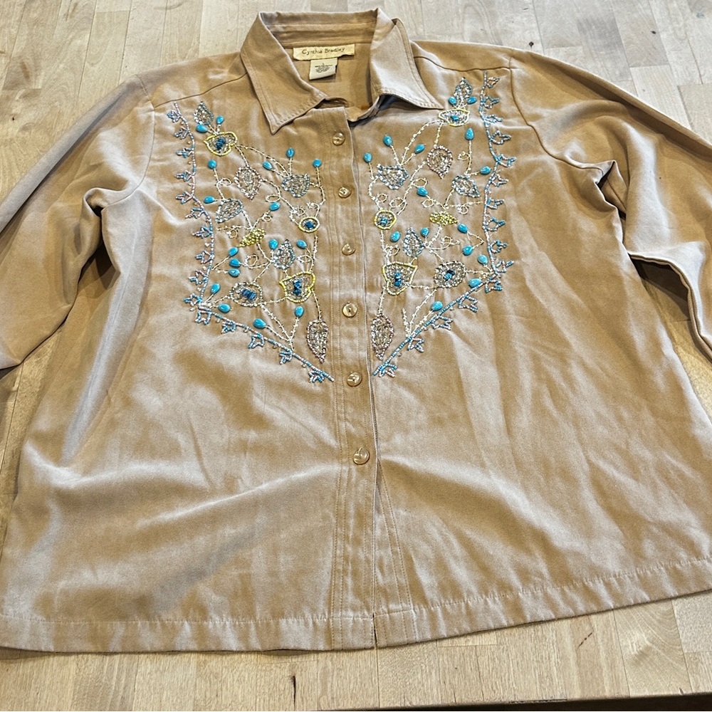 Chico's Tan Button Down Shirt with Embroidery